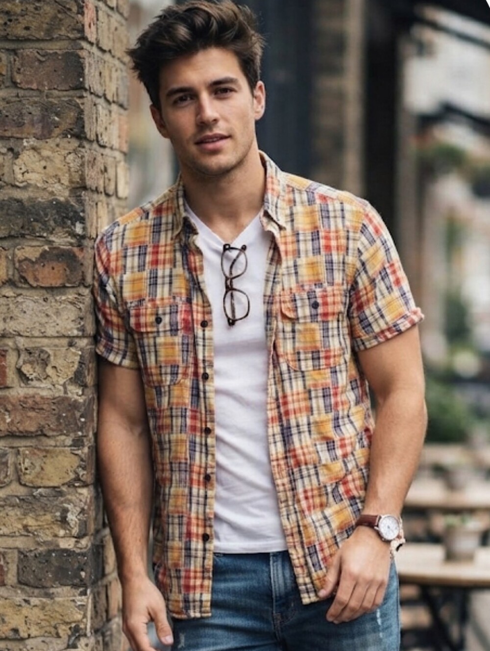 Obey Red Blue Patchwork-Look Plaid Button Front Button-Down Collar Shirt S